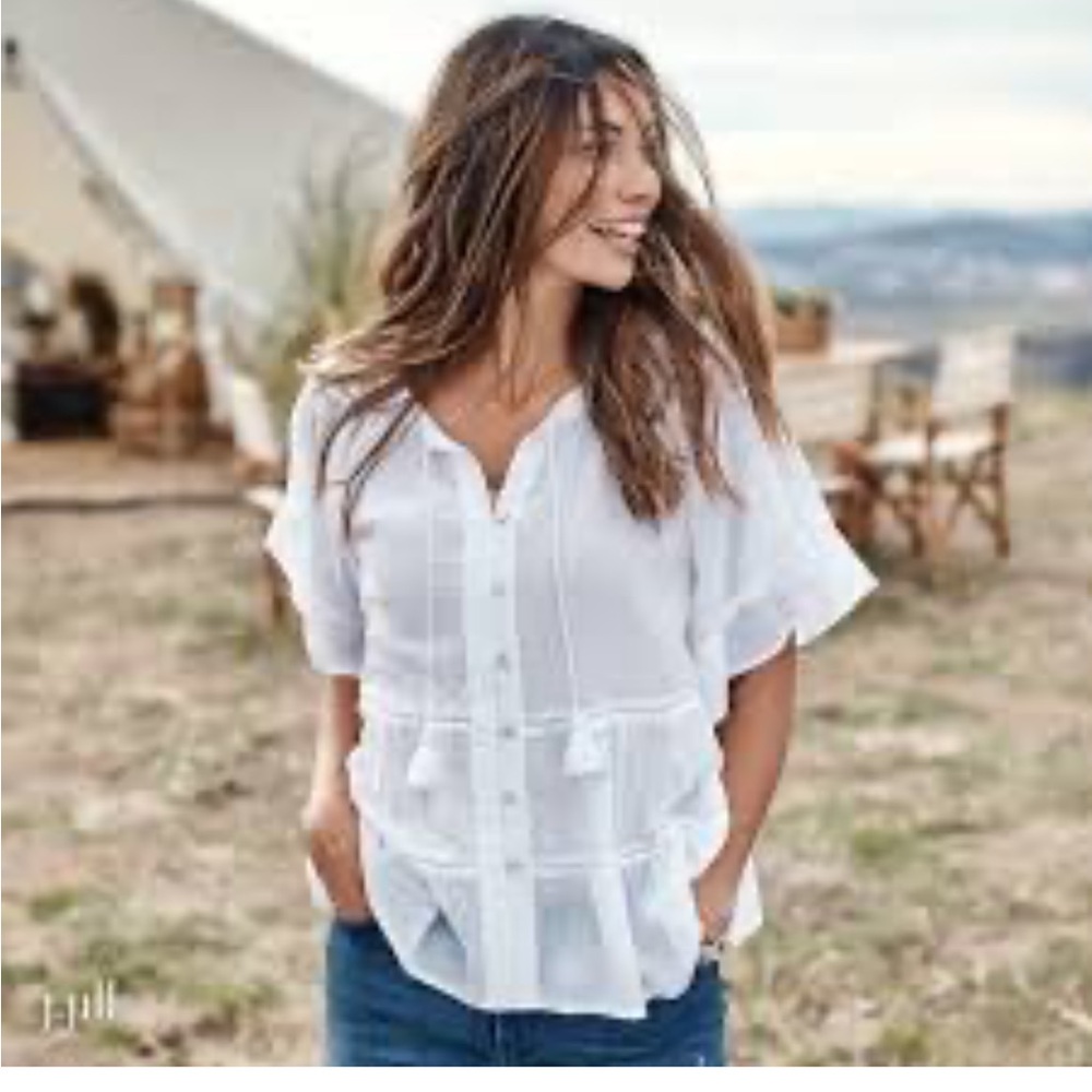 J. Jill Flowy Cotton Bohemian A-Line Ruffled Puff Sleeve Top Women’s Size M
